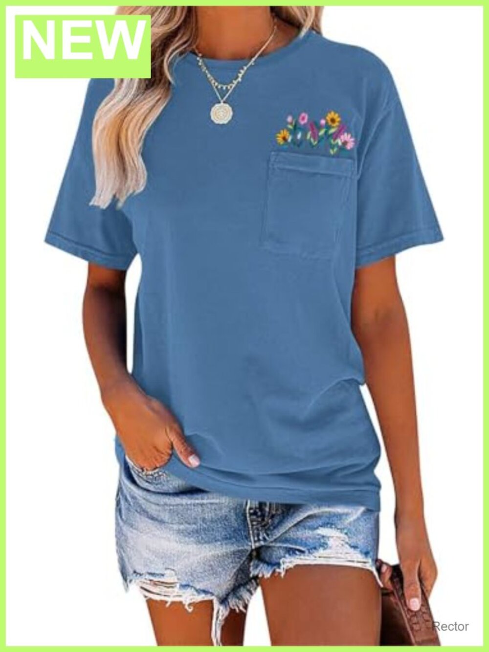 Women Embroidered Floral Pocket Tee Boho Summer Cotton Blend T-Shirt